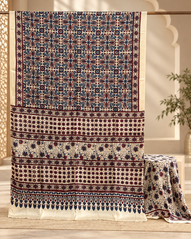 Elegant Modal Silk Ajrakh Hand Block Print Natural Dye Saree - The Ajrakh Studio