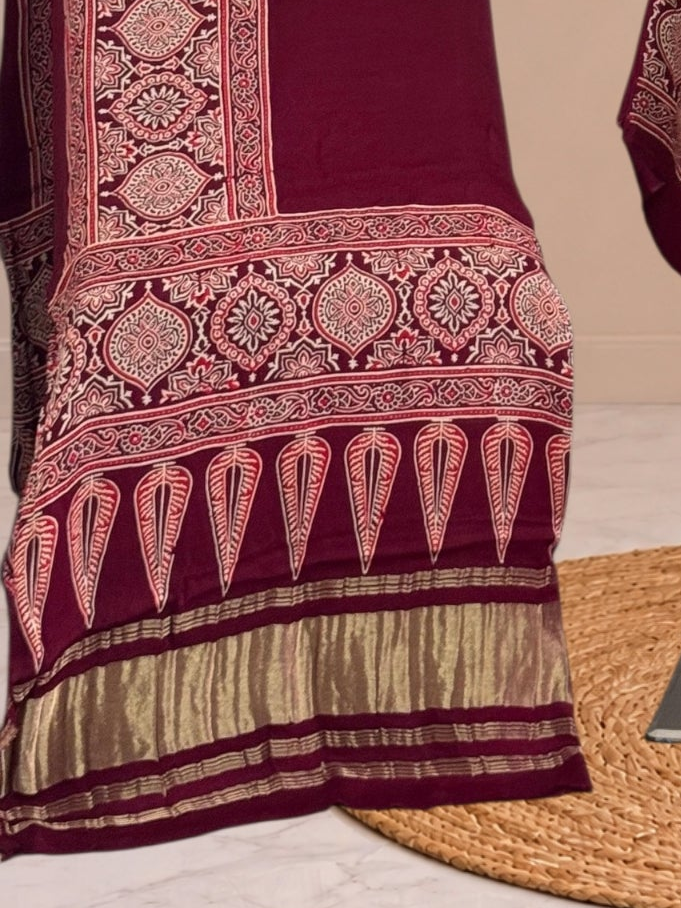 Premium  Ajrakh Hand Block Print Modal Silk 3-Piece Suit Set with Zari Pallu Dupatta