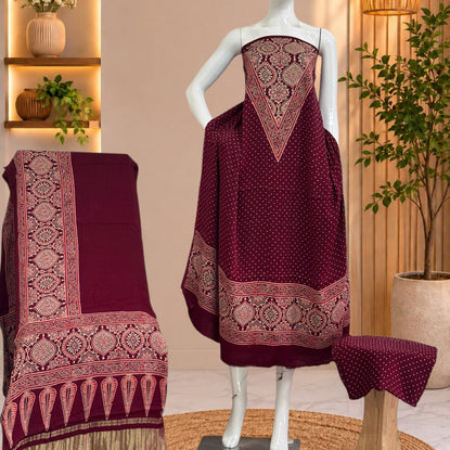 Premium  Ajrakh Hand Block Print Modal Silk 3-Piece Suit Set with Zari Pallu Dupatta
