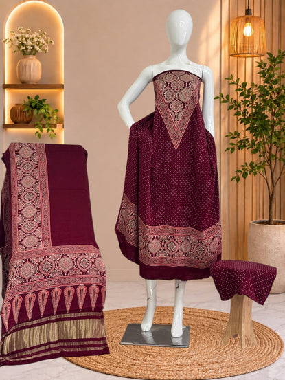 Premium  Ajrakh Hand Block Print Modal Silk 3-Piece Suit Set with Zari Pallu Dupatta