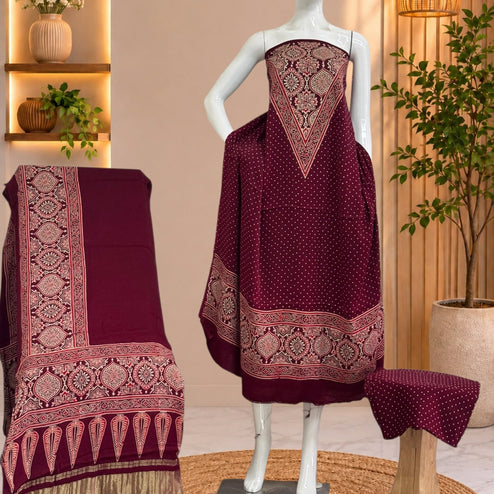 Premium  Ajrakh Hand Block Print Modal Silk 3-Piece Suit Set with Zari Pallu Dupatta