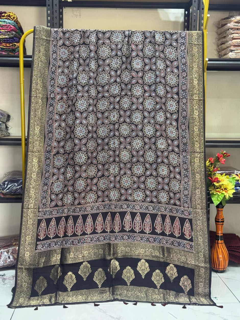 Dola Silk Ajrakh Hand Block Print Natural Dye Zari Pallu Dupatta 03 - The Ajrakh Studio