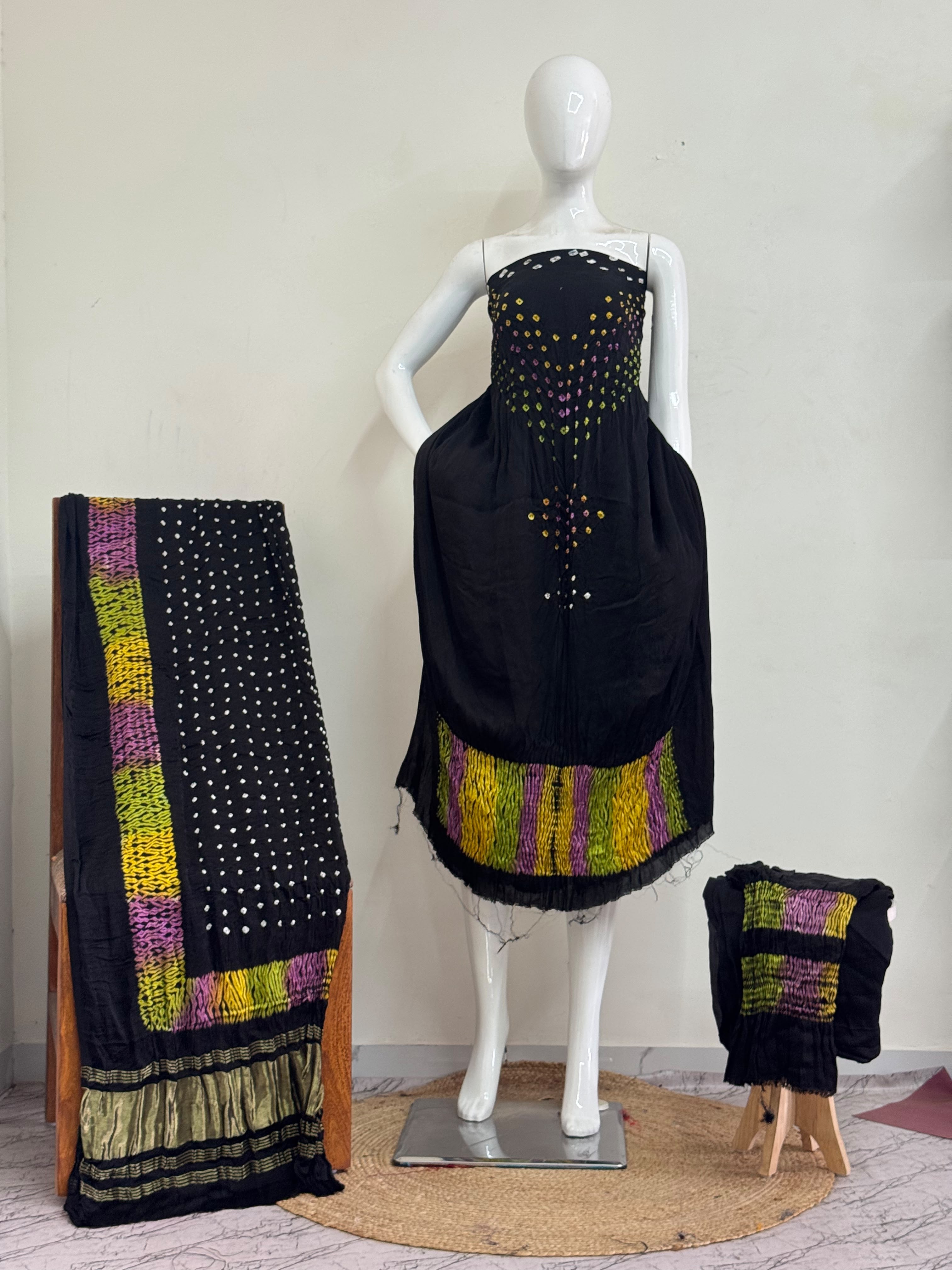 Premium Modal Silk Shibori & Bandhani 3 Piece Suit Set with Zari Pallu Dupatta | Women's Unstitched Dress Material