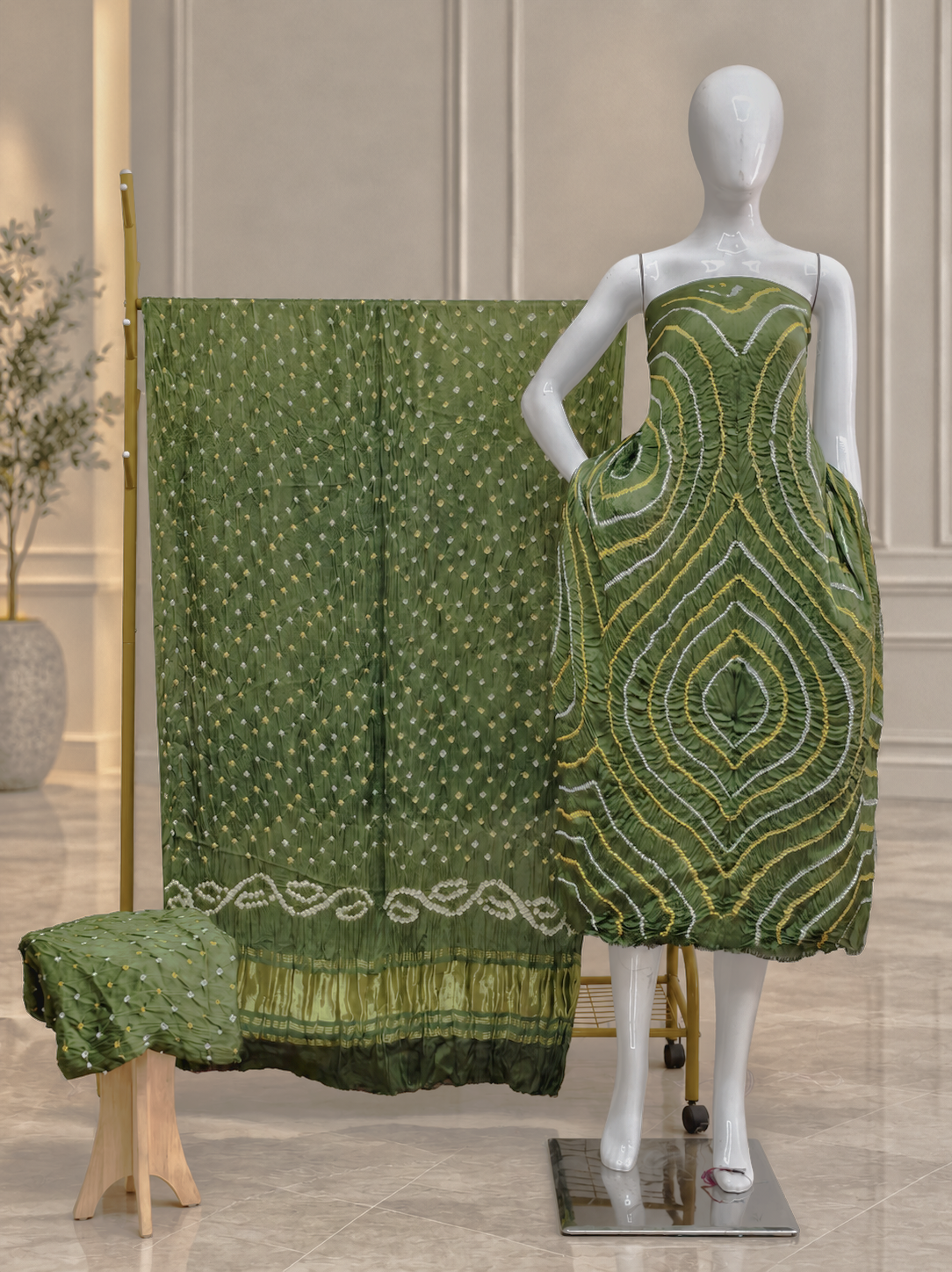 Premium Barik Bandhej Modal Silk 3-Piece Suit with Tissue Pallu