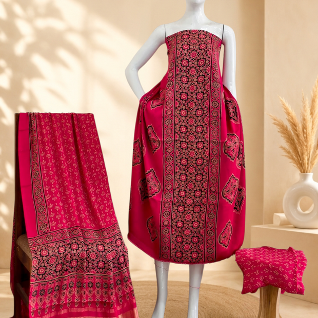 Premium Ajrakh Hand Block Print Modal Silk 3-Piece Suit Set with Zari Pallu Dupatta
