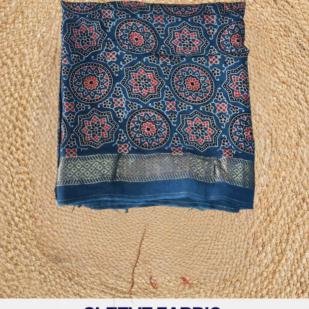 Premium Dola Silk Ajrakh Hand Block Print Natural Dye 2-Piece Suit with Zari Border Dupatta