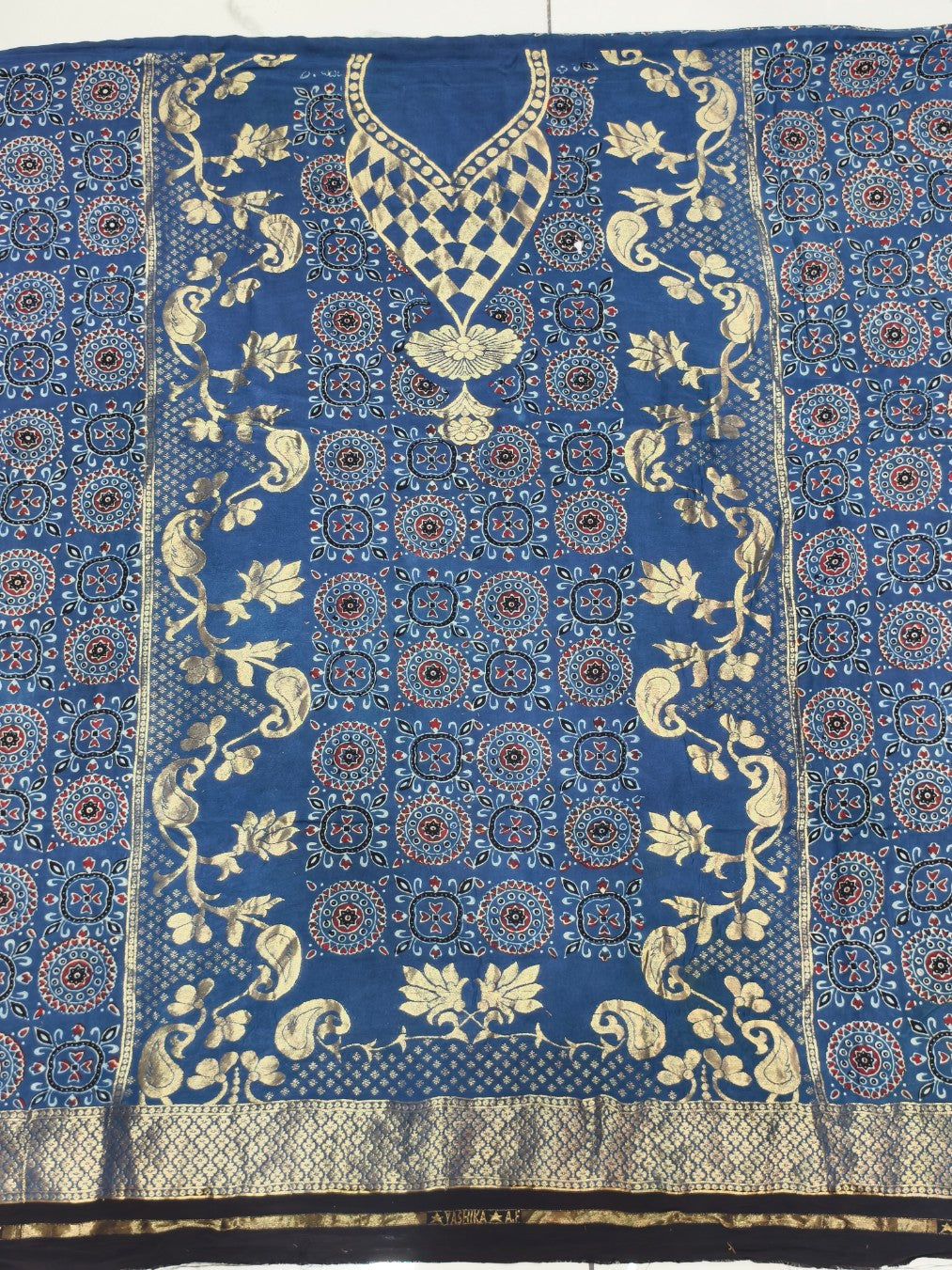 Premium Dola Silk Ajrakh Hand Block Print Natural Dye 2-Piece Suit with Zari Border Dupatta