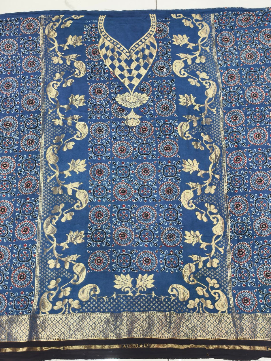 Premium Dola Silk Ajrakh Hand Block Print Natural Dye 2-Piece Suit with Zari Border Dupatta