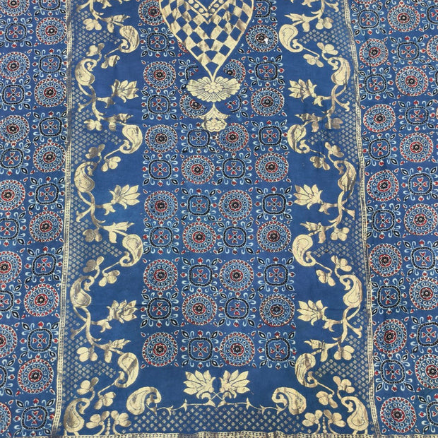 Premium Dola Silk Ajrakh Hand Block Print Natural Dye 2-Piece Suit with Zari Border Dupatta
