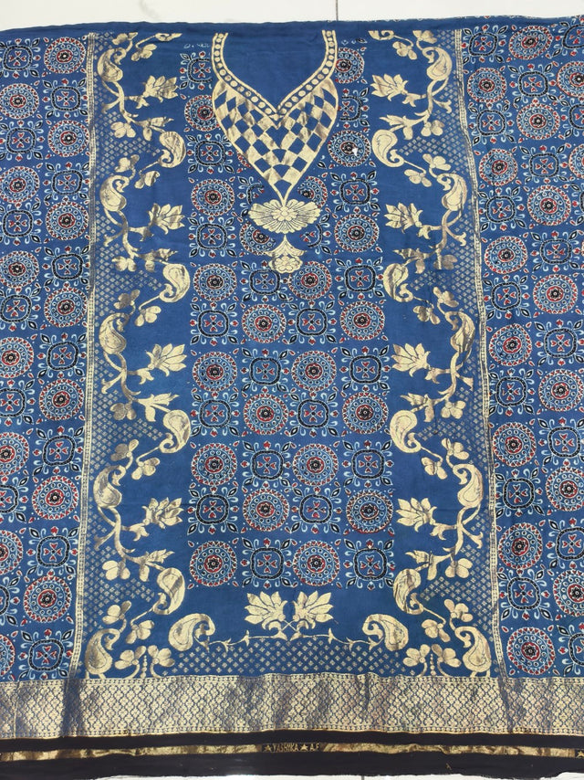 Premium Dola Silk Ajrakh Hand Block Print Natural Dye 2-Piece Suit with Zari Border Dupatta