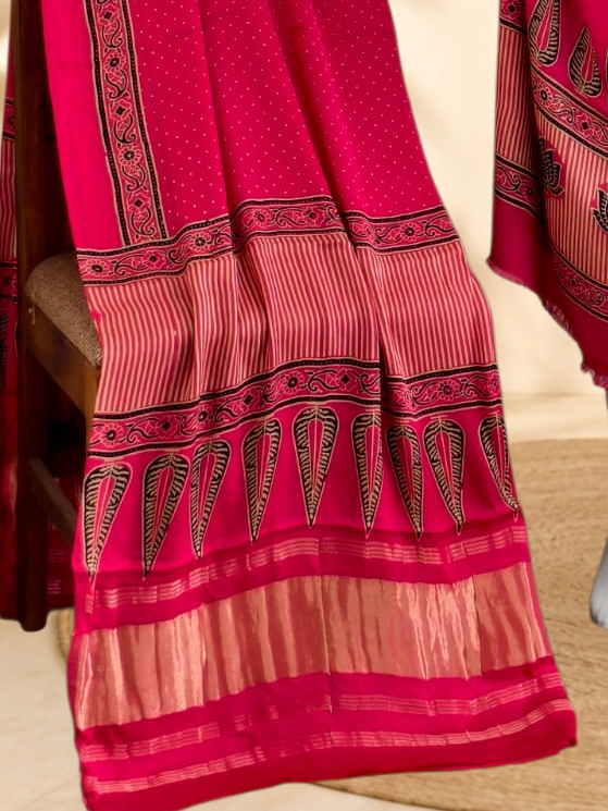 Premium Ajrakh Hand Block Print Modal Silk 3-Piece Suit Set with Zari Pallu Dupatta