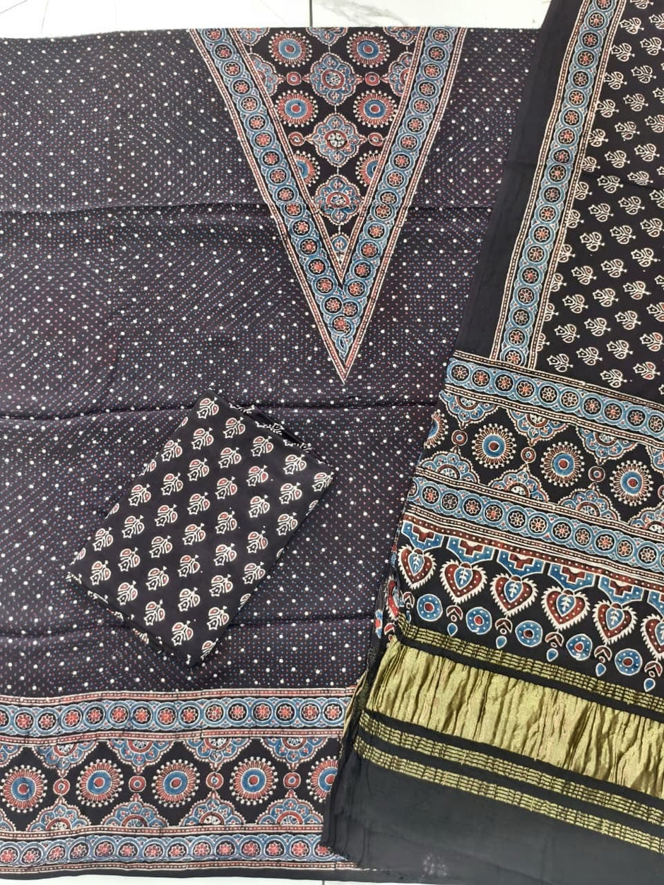 Havi Pure Modal Silk Ajrakh Natural Dye Zari Pallu Suit 09 - The Ajrakh Studio