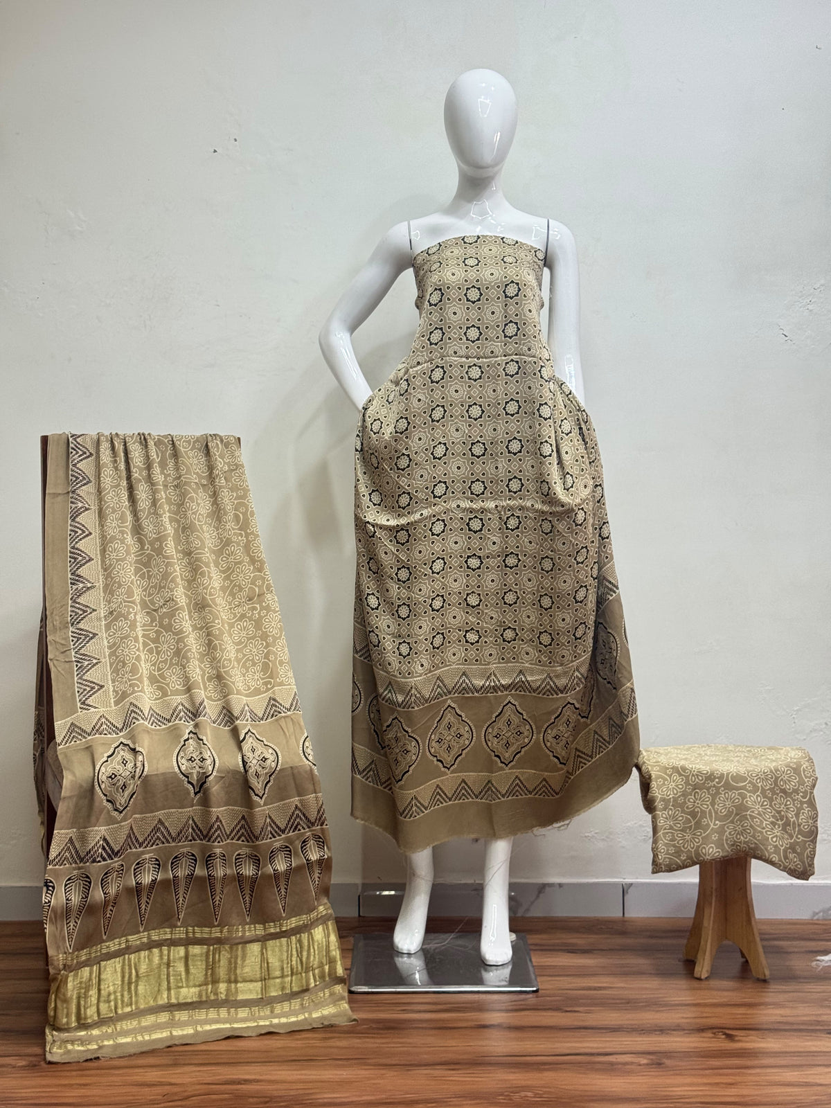 Havi Modal Silk Ajrakh Neptol Dye Discharge Print Panel Suit 110 - The Ajrakh Studio