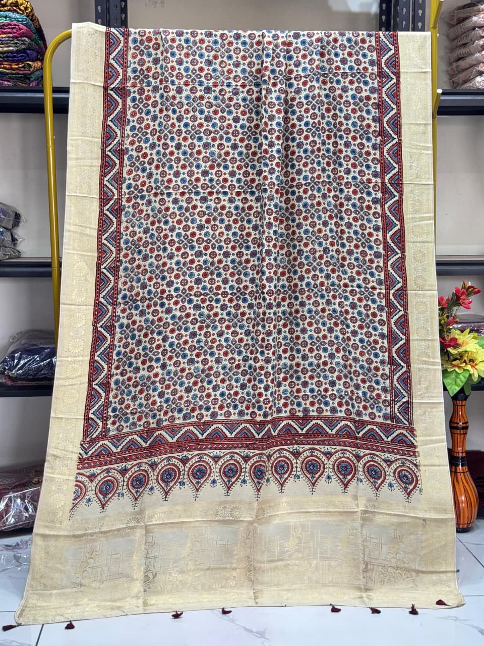 Dola Silk Ajrakh Hand Block Print Natural Dye Zari Pallu Dupatta 10 - The Ajrakh Studio