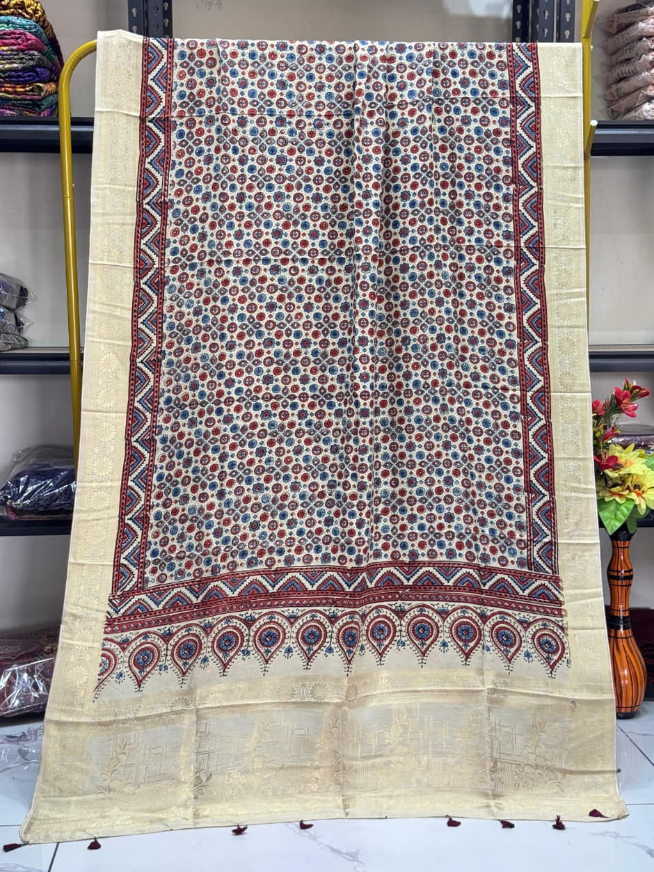 Dola Silk Ajrakh Hand Block Print Natural Dye Zari Pallu Dupatta 10 - The Ajrakh Studio