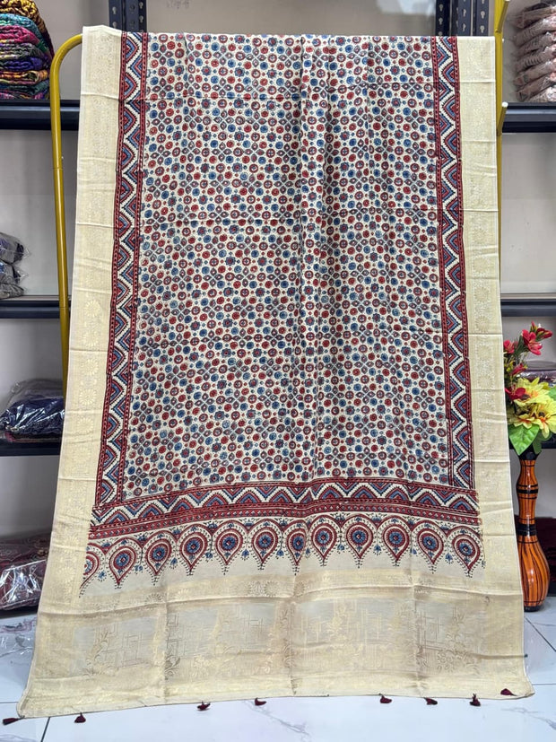 Dola Silk Ajrakh Hand Block Print Natural Dye Zari Pallu Dupatta 10 - The Ajrakh Studio