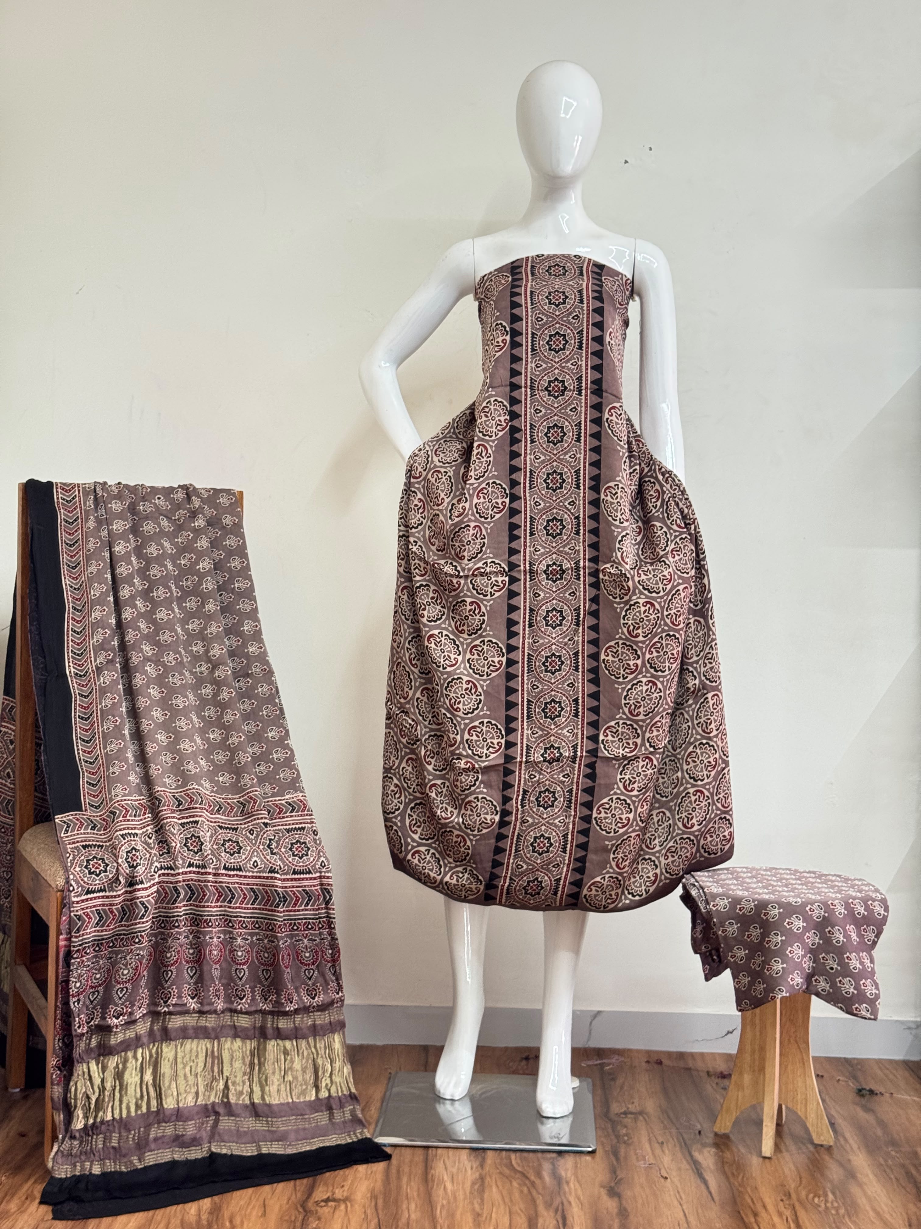 Ajrakh Hand Block Print Natural Dye Pure Modal Silk 3 Piece Suit with Zari Pallu Dupatta