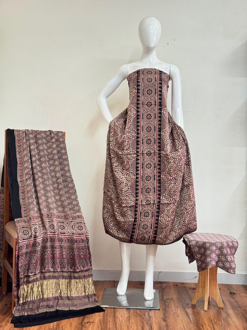 Ajrakh Hand Block Print Natural Dye Pure Modal Silk 3 Piece Suit with Zari Pallu Dupatta