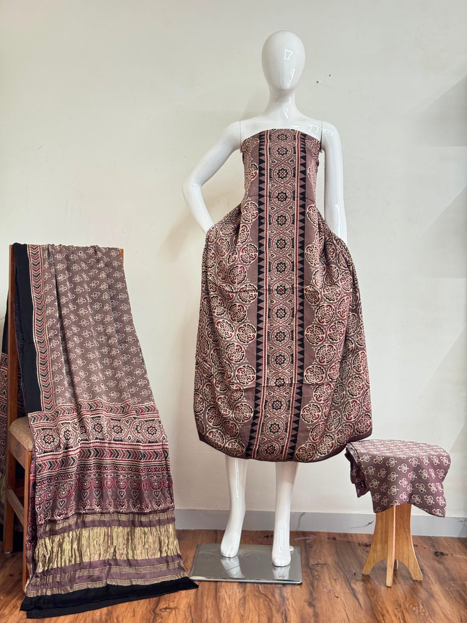 Ajrakh Hand Block Print Natural Dye Pure Modal Silk 3 Piece Suit with Zari Pallu Dupatta