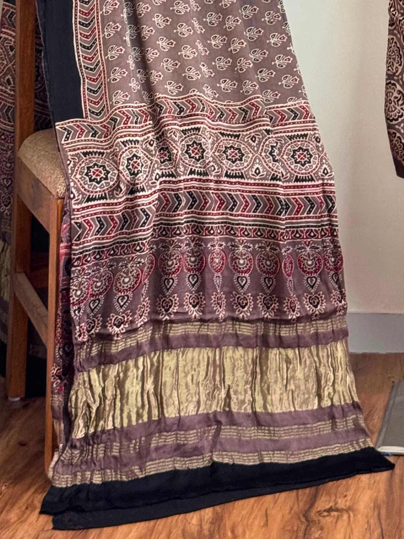 Ajrakh Hand Block Print Natural Dye Pure Modal Silk 3 Piece Suit with Zari Pallu Dupatta