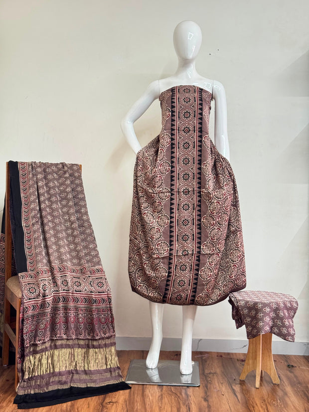 Ajrakh Hand Block Print Natural Dye Pure Modal Silk 3 Piece Suit with Zari Pallu Dupatta