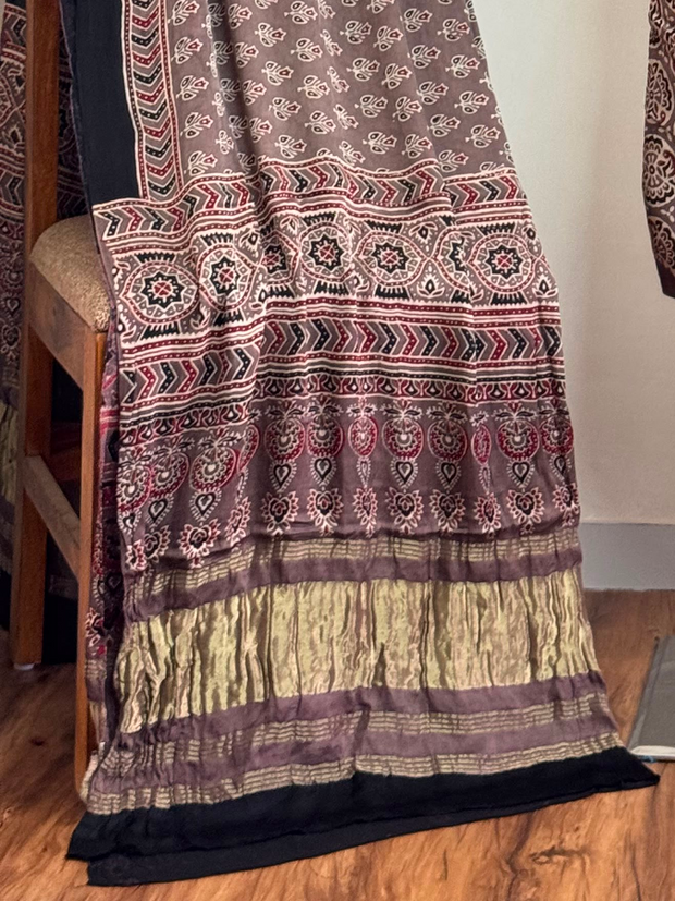 Ajrakh Hand Block Print Natural Dye Pure Modal Silk 3 Piece Suit with Zari Pallu Dupatta