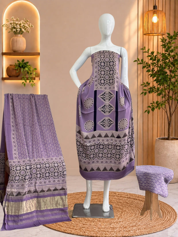 Premium Purple Ajrakh Hand Block Print Modal Silk 3-Piece Suit Set with Zari Pallu Dupatta