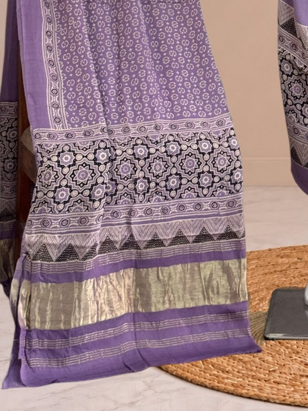 Premium Purple Ajrakh Hand Block Print Modal Silk 3-Piece Suit Set with Zari Pallu Dupatta