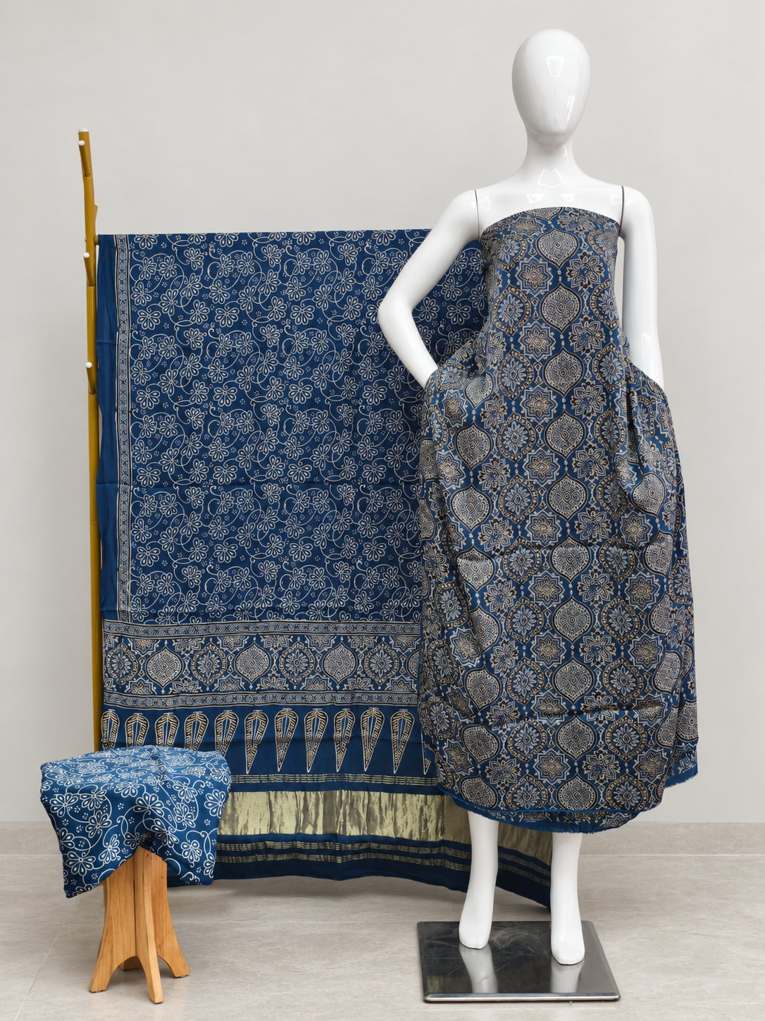 Havi Modal Silk Ajrakh Neptol Dye & Discharge Print Panel Design 3-Piece Suit - The Ajrakh Studio