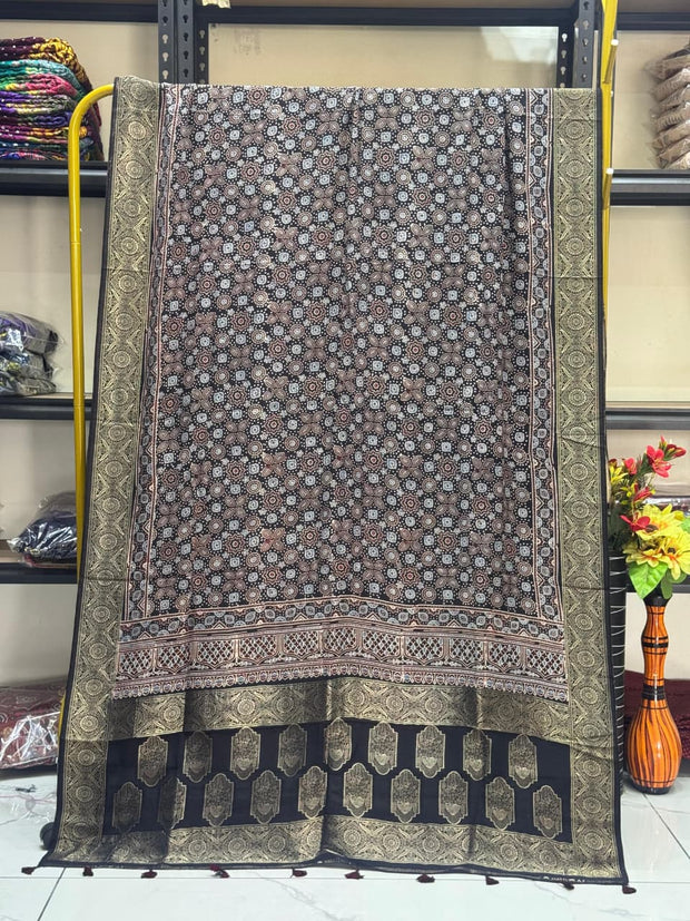 Dola Silk Ajrakh Hand Block Print Natural Dye Zari Pallu Dupatta 01 - The Ajrakh Studio