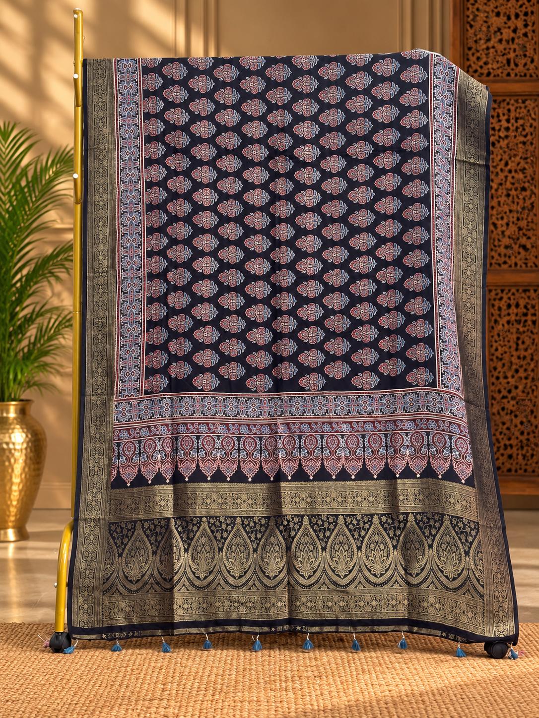 Dola Silk Ajrakh Hand Block Print Natural Dye Dupatta - The Ajrakh Studio