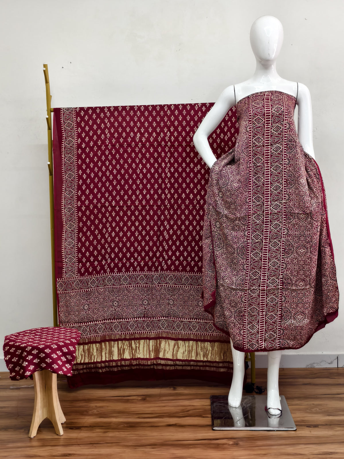Havi Modal Silk Ajrakh Neptol Dye & Discharge Print Panel Design 3-Piece Suit - The Ajrakh Studio