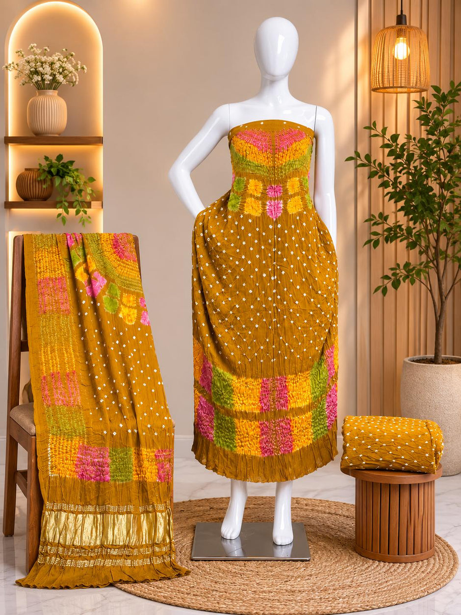 Premium Modal Silk Shibori & Bandhani 3 Piece Suit Set with Zari Pallu Dupatta | Women's Unstitched Dress Material