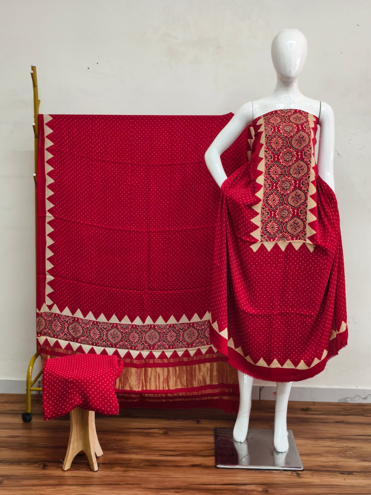 Havi Modal Silk Ajrakh Neptol Dye & Discharge Print Panel Design 3-Piece Suit - The Ajrakh Studio