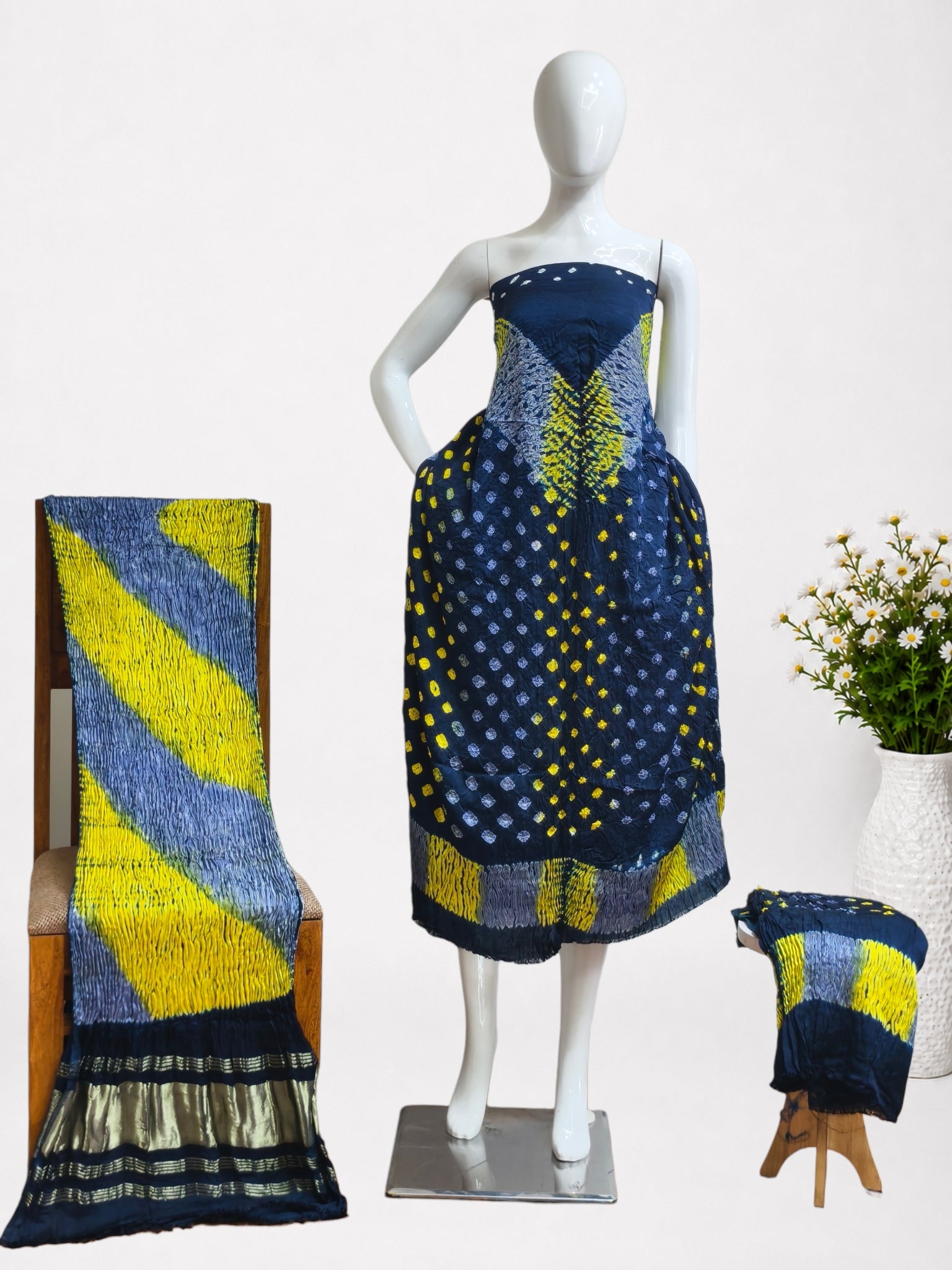 Multi-Color Shibori Modal Silk Unstitched Suit with Bandhani Border & Zari Dupatta