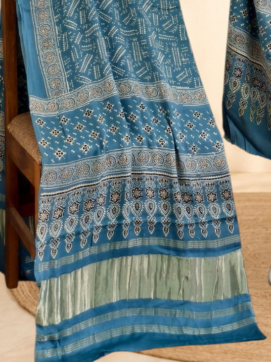 Premium Ajrakh Hand Block Print Modal Silk 3-Piece Suit Set with Zari Pallu Dupatta