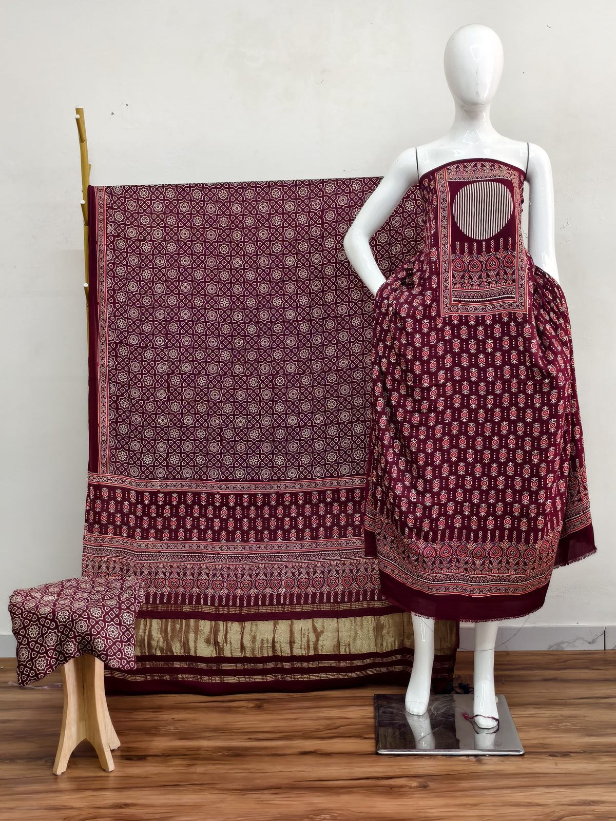 Havi Modal Silk Ajrakh Neptol Dye & Discharge Print Panel Design 3-Piece Suit - The Ajrakh Studio
