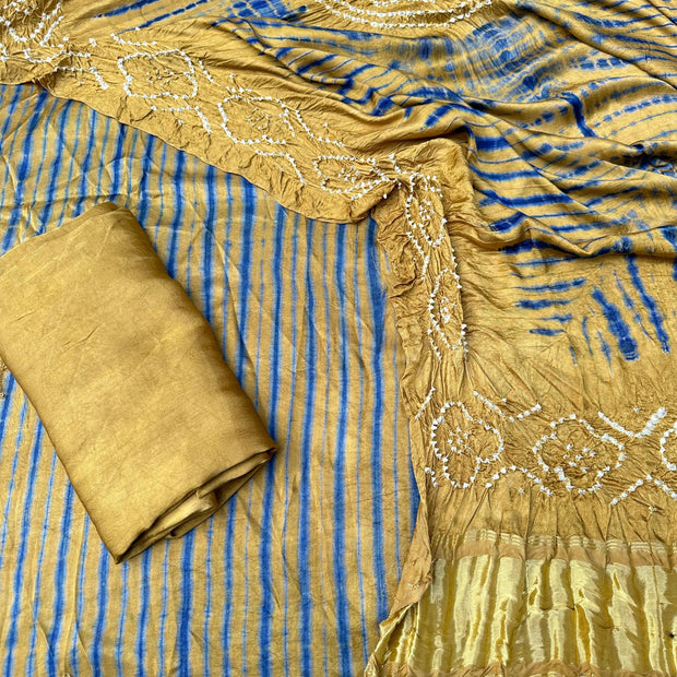 Khakhi & blue Modal Silk Tie & Dye Bandhani Dupatta 3 Piece Suits