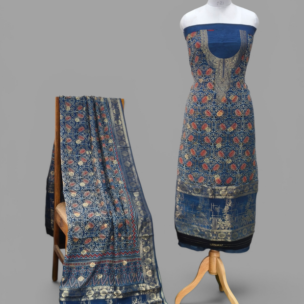 Premium Dola Silk Ajrakh Hand Block Print Natural Dye 2-Piece Suit with Zari Border Dupatta