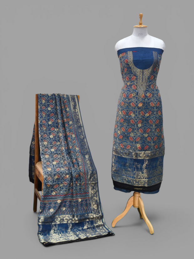 Premium Dola Silk Ajrakh Hand Block Print Natural Dye 2-Piece Suit with Zari Border Dupatta