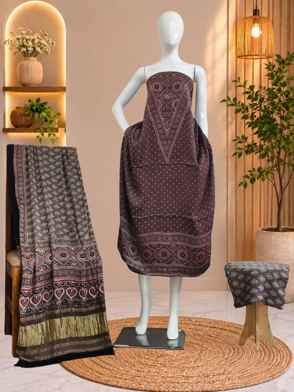 Ajrakh Hand Block Print Natural Dye Pure Modal Silk 3 Piece Suit with Zari Pallu Dupatta