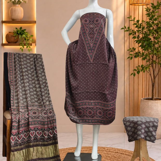 Ajrakh Hand Block Print Natural Dye Pure Modal Silk 3 Piece Suit with Zari Pallu Dupatta