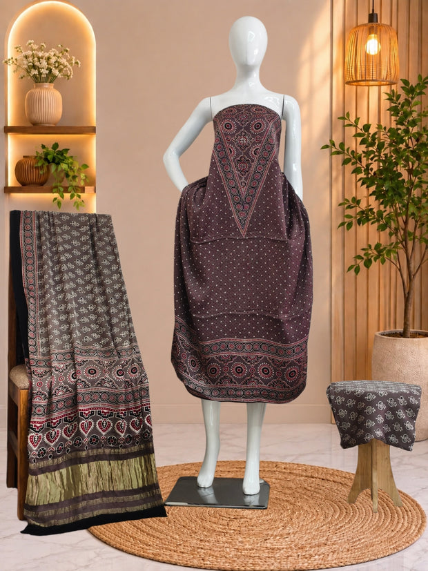 Ajrakh Hand Block Print Natural Dye Pure Modal Silk 3 Piece Suit with Zari Pallu Dupatta