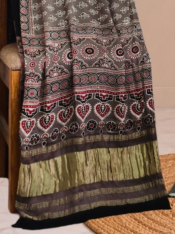 Ajrakh Hand Block Print Natural Dye Pure Modal Silk 3 Piece Suit with Zari Pallu Dupatta