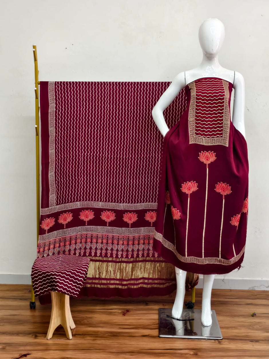 Havi Modal Silk Ajrakh Neptol Dye & Discharge Print Panel Design 3-Piece Suit - The Ajrakh Studio