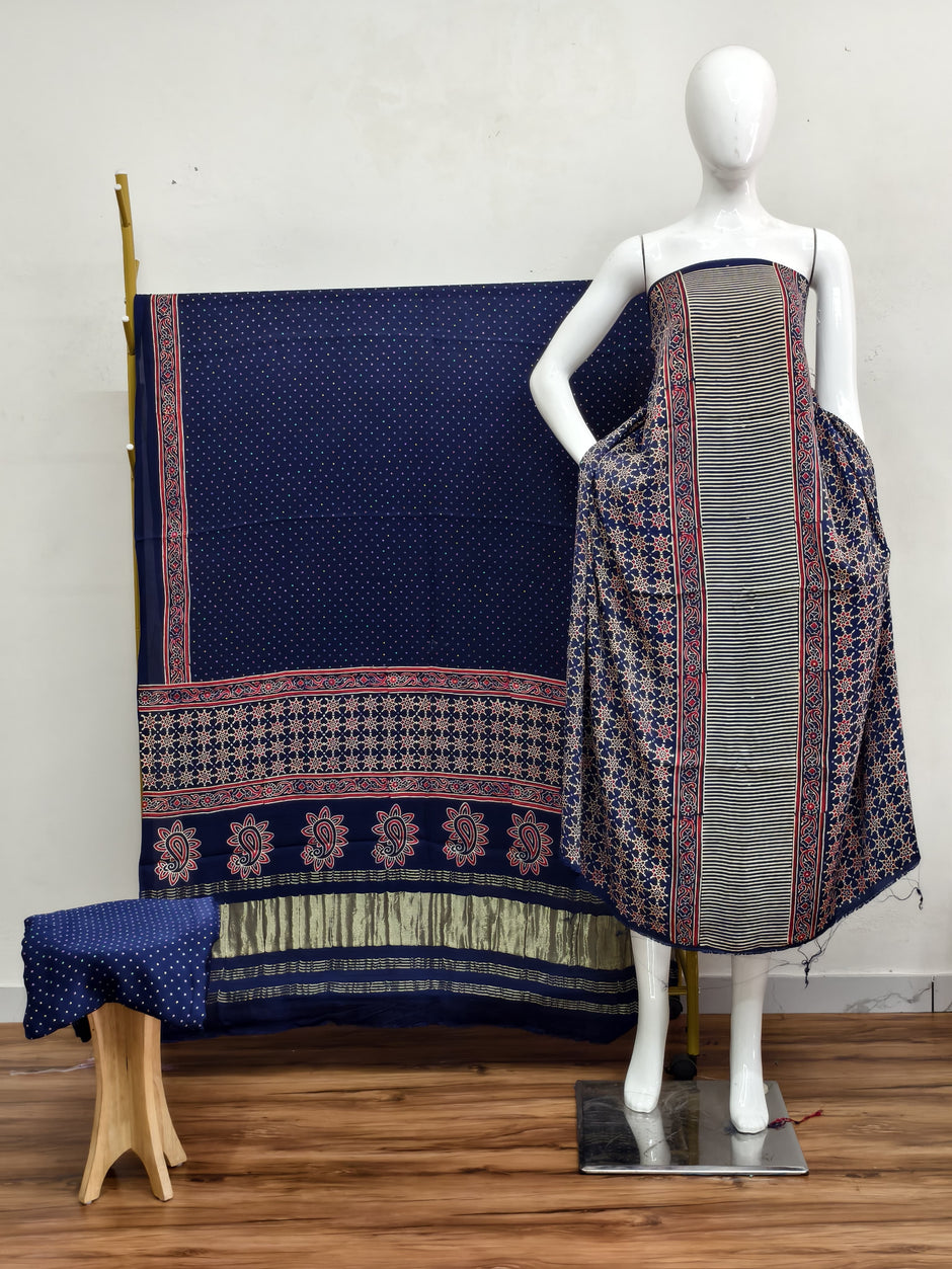 Havi Modal Silk Ajrakh Neptol Dye & Discharge Print Panel Design 3-Piece Suit - The Ajrakh Studio