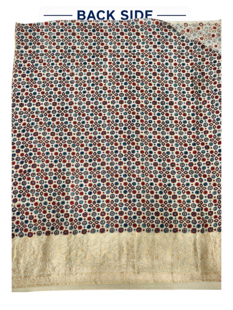 Premium Dola Silk Ajrakh Hand Block Print Natural Dye 2-Piece Suit with Zari Border Dupatta