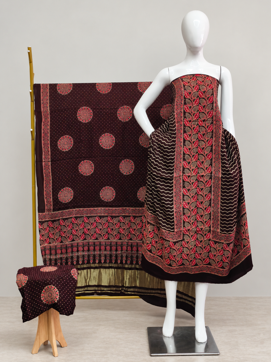Havi Modal Silk Ajrakh Neptol Dye & Discharge Print Panel Design 3-Piece Suit - The Ajrakh Studio