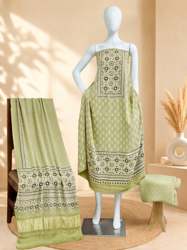Premium Ajrakh Hand Block Print Modal Silk 3-Piece Suit Set with Zari Pallu Dupatta