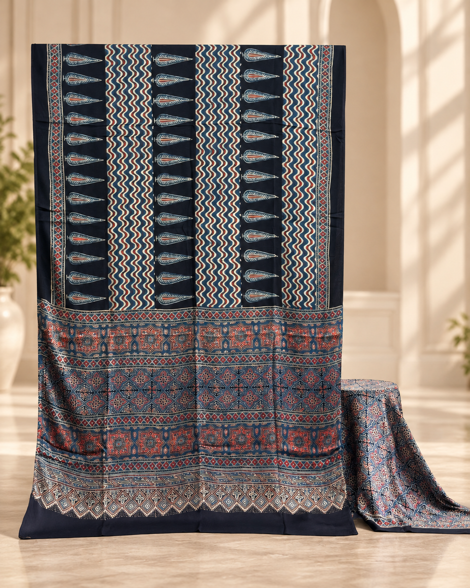 Elegant Modal Silk Ajrakh Hand Block Print Natural Dye Saree - The Ajrakh Studio